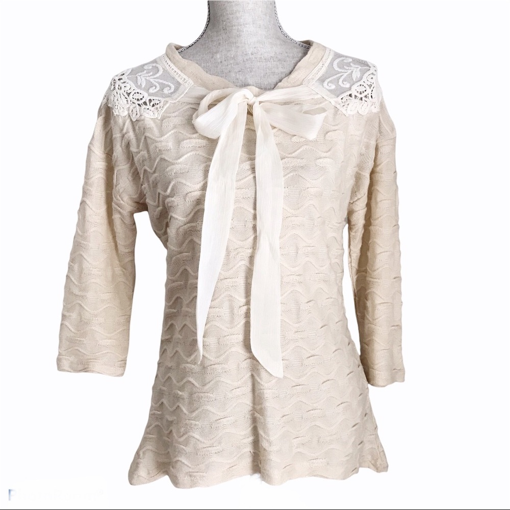 Anthropologie Areve Lace Crochet Tie Front Half Sleeve Textured Top Small